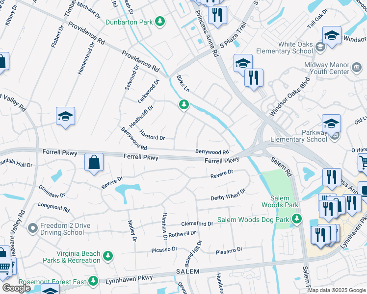 map of restaurants, bars, coffee shops, grocery stores, and more near 4757 Berrywood Road in Virginia Beach