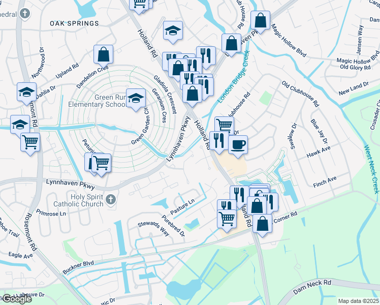 map of restaurants, bars, coffee shops, grocery stores, and more near 3313 Weeping Willow Lane in Virginia Beach