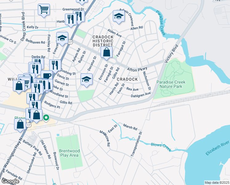 map of restaurants, bars, coffee shops, grocery stores, and more near 86 Dahlgren Avenue in Portsmouth
