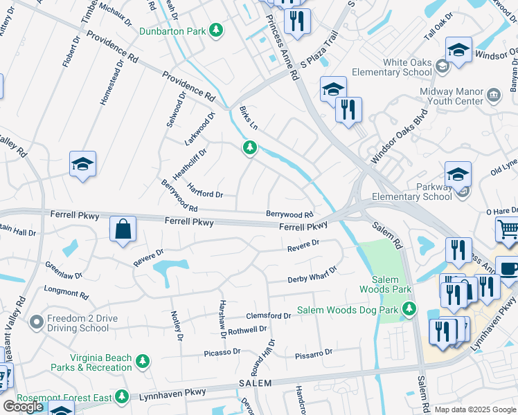 map of restaurants, bars, coffee shops, grocery stores, and more near 4749 Berrywood Road in Virginia Beach