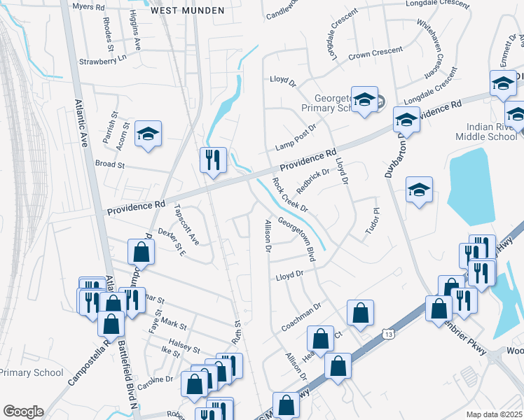 map of restaurants, bars, coffee shops, grocery stores, and more near 2304 Georgetown Boulevard in Chesapeake