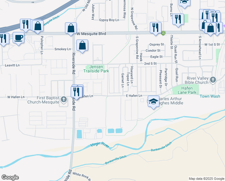 map of restaurants, bars, coffee shops, grocery stores, and more near 334 Hacienda Way in Mesquite