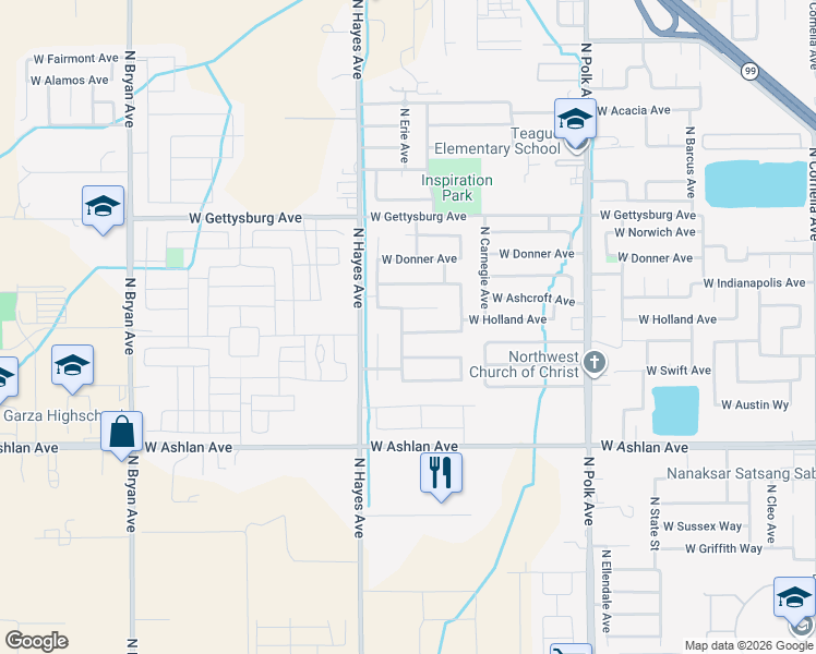 map of restaurants, bars, coffee shops, grocery stores, and more near 5890 West Ashcroft Avenue in Fresno