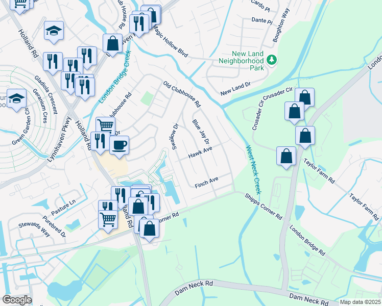 map of restaurants, bars, coffee shops, grocery stores, and more near 1229 Skylark Drive in Virginia Beach