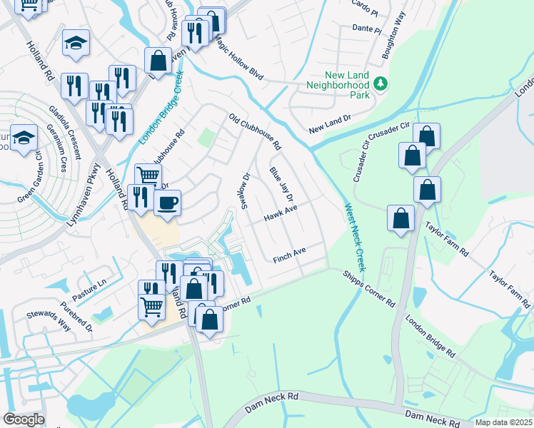 map of restaurants, bars, coffee shops, grocery stores, and more near 1229 Skylark Drive in Virginia Beach