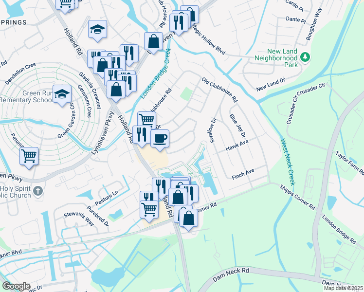 map of restaurants, bars, coffee shops, grocery stores, and more near 1201 Mondrian Loop in Virginia Beach