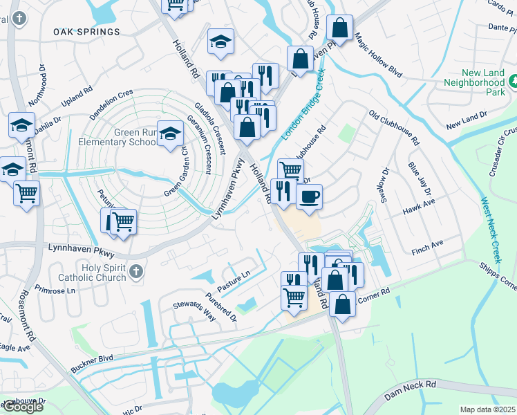 map of restaurants, bars, coffee shops, grocery stores, and more near 1241 White Birch Lane in Virginia Beach