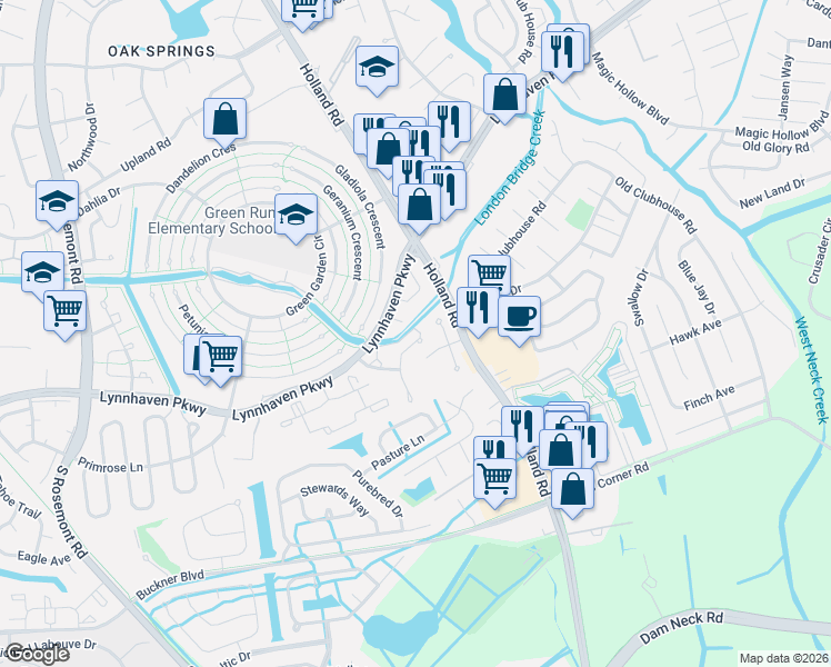 map of restaurants, bars, coffee shops, grocery stores, and more near 3313 Weeping Willow Lane in Virginia Beach