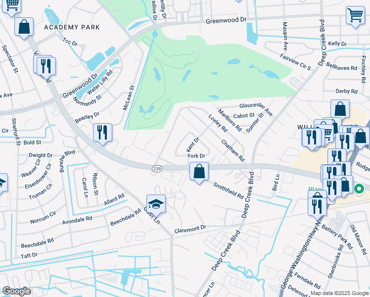 map of restaurants, bars, coffee shops, grocery stores, and more near 112 York Drive in Portsmouth