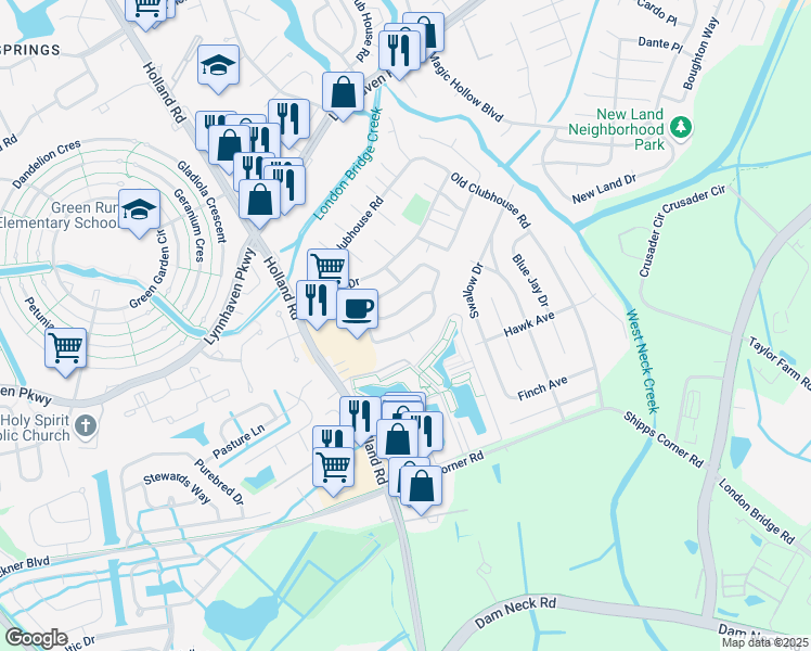 map of restaurants, bars, coffee shops, grocery stores, and more near 1201 Mondrian Loop in Virginia Beach