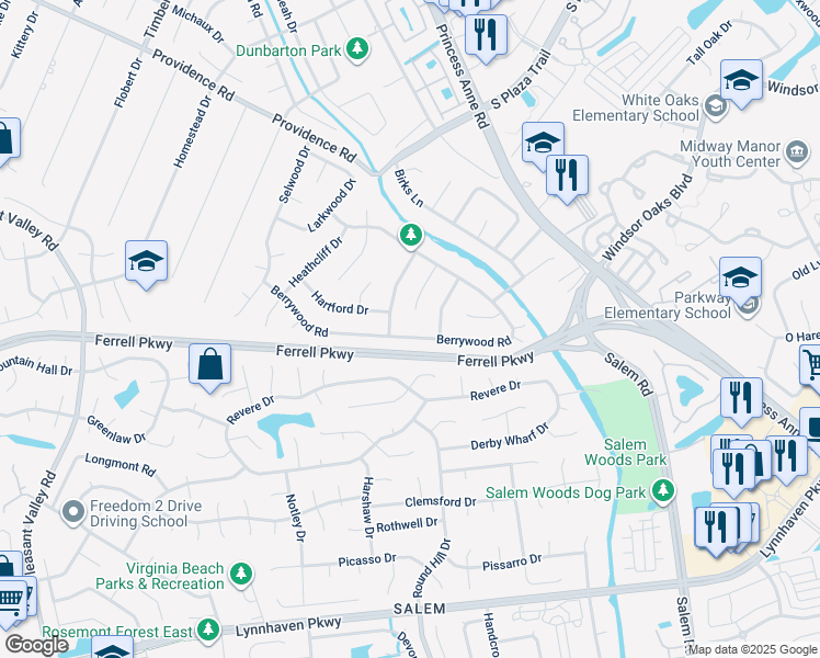 map of restaurants, bars, coffee shops, grocery stores, and more near 4757 Berrywood Road in Virginia Beach