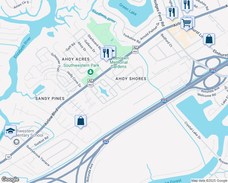 map of restaurants, bars, coffee shops, grocery stores, and more near 4113 River Breeze Circle in Chesapeake