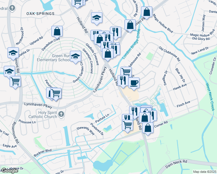 map of restaurants, bars, coffee shops, grocery stores, and more near 1204 Green Cedar Lane in Virginia Beach