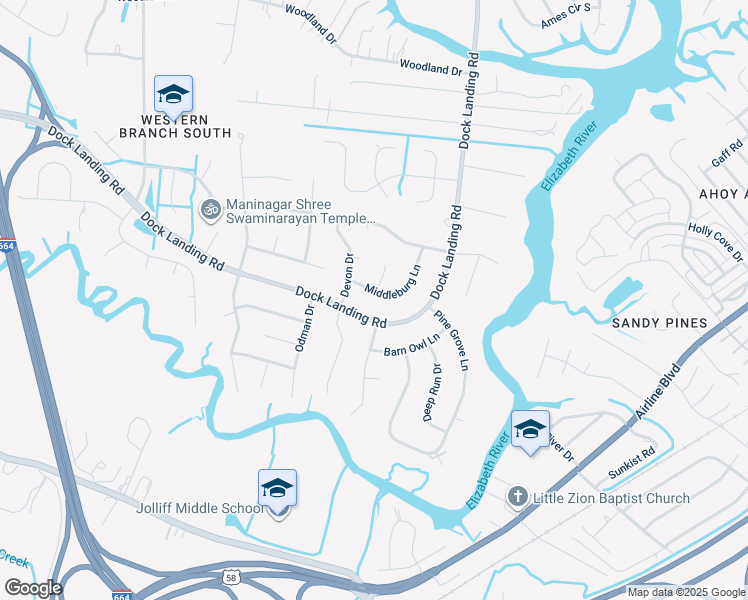 map of restaurants, bars, coffee shops, grocery stores, and more near 4029 Middleburg Lane in Chesapeake