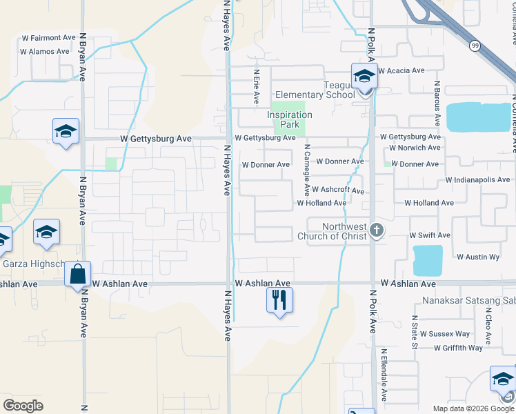 map of restaurants, bars, coffee shops, grocery stores, and more near 5890 West Ashcroft Avenue in Fresno