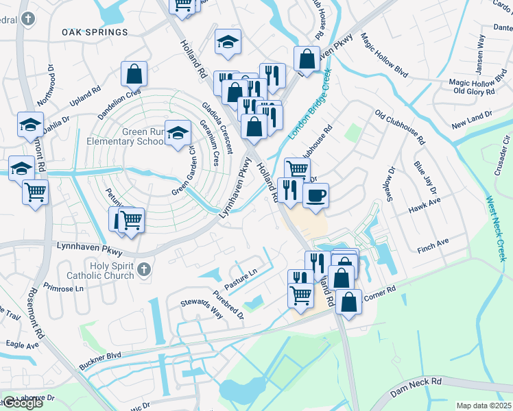 map of restaurants, bars, coffee shops, grocery stores, and more near 3313 Weeping Willow Lane in Virginia Beach