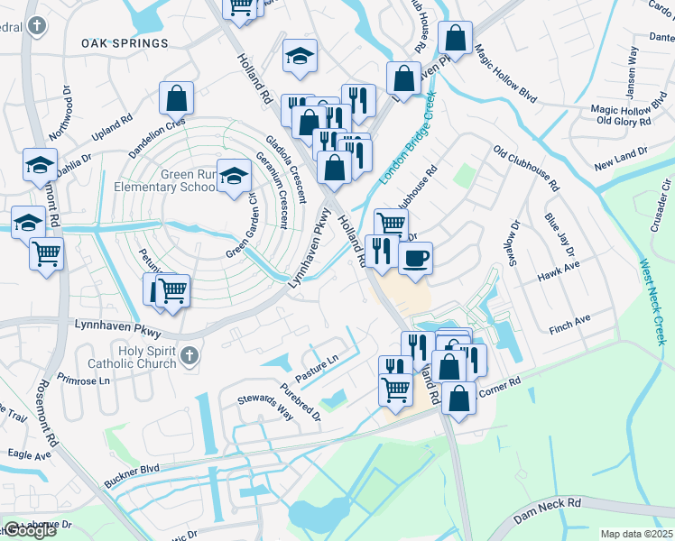 map of restaurants, bars, coffee shops, grocery stores, and more near 1204 Green Cedar Lane in Virginia Beach