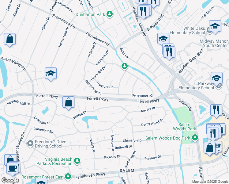 map of restaurants, bars, coffee shops, grocery stores, and more near 4805 Berrywood Road in Virginia Beach