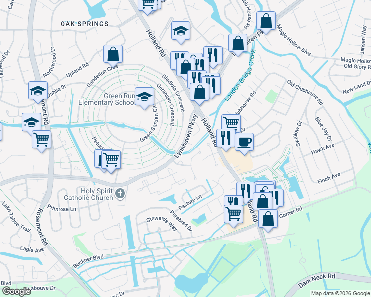 map of restaurants, bars, coffee shops, grocery stores, and more near 1264 Gladiola Crescent in Virginia Beach
