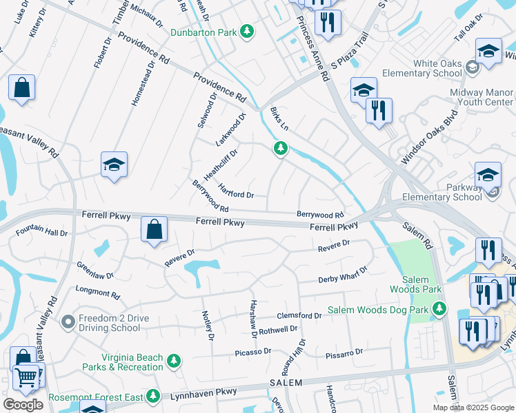 map of restaurants, bars, coffee shops, grocery stores, and more near 4805 Berrywood Road in Virginia Beach