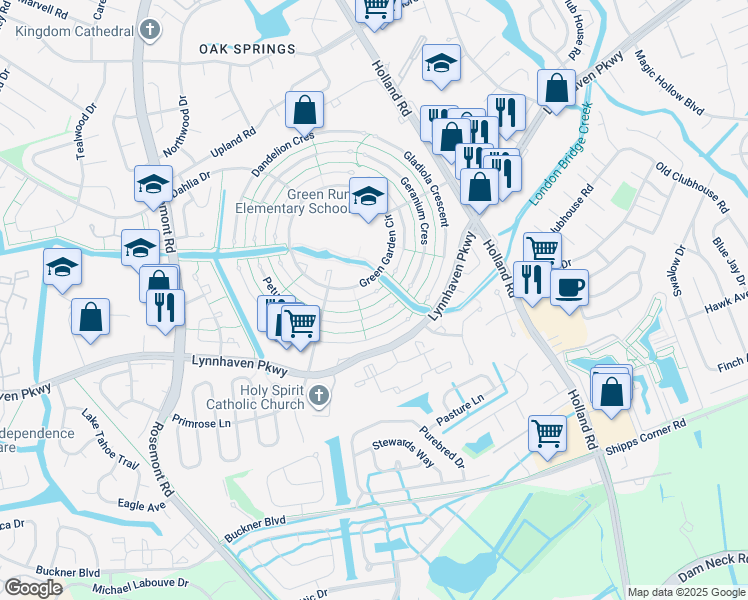 map of restaurants, bars, coffee shops, grocery stores, and more near 3400 Plum Crescent in Virginia Beach