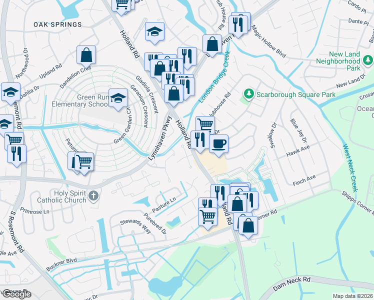 map of restaurants, bars, coffee shops, grocery stores, and more near 1212 White Birch Lane in Virginia Beach
