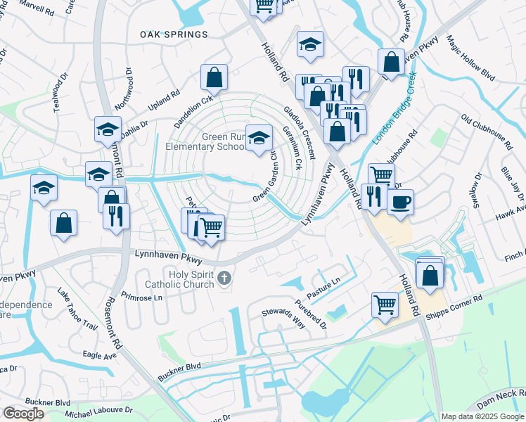 map of restaurants, bars, coffee shops, grocery stores, and more near 3400 Plum Crescent in Virginia Beach