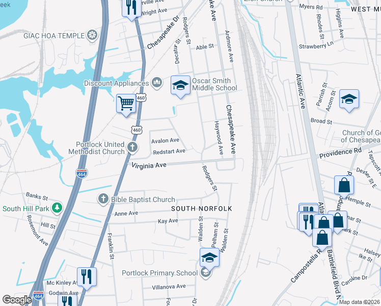 map of restaurants, bars, coffee shops, grocery stores, and more near 2526 Rodgers Street in Chesapeake