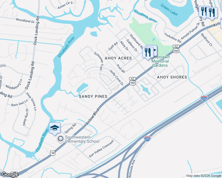 map of restaurants, bars, coffee shops, grocery stores, and more near 3845 Schooner Trail in Chesapeake