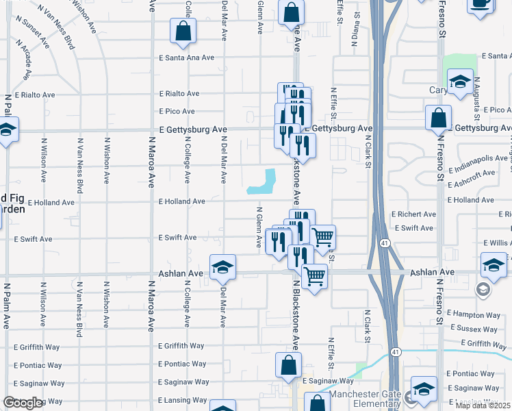 map of restaurants, bars, coffee shops, grocery stores, and more near 1446 East Holland Avenue in Fresno