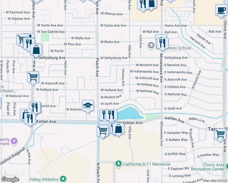 map of restaurants, bars, coffee shops, grocery stores, and more near 296 West Holland Avenue in Clovis