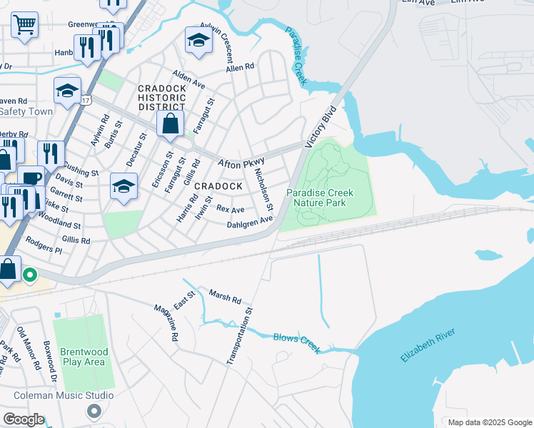 map of restaurants, bars, coffee shops, grocery stores, and more near 119 Dahlgren Avenue in Portsmouth