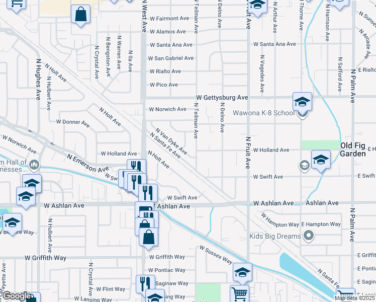 map of restaurants, bars, coffee shops, grocery stores, and more near 4435 North Durant Way in Fresno