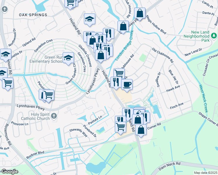 map of restaurants, bars, coffee shops, grocery stores, and more near 1212 White Birch Lane in Virginia Beach