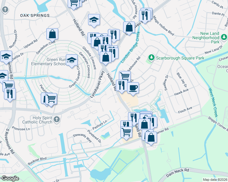 map of restaurants, bars, coffee shops, grocery stores, and more near 1212 White Birch Lane in Virginia Beach
