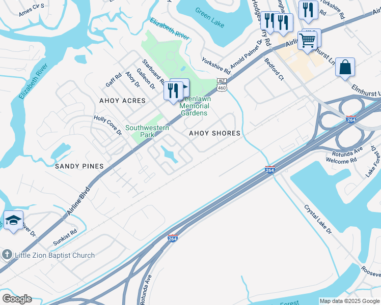 map of restaurants, bars, coffee shops, grocery stores, and more near 4112 River Breeze Circle in Chesapeake