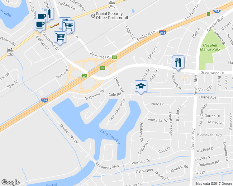 map of restaurants, bars, coffee shops, grocery stores, and more near 1404 Cole Road in Portsmouth