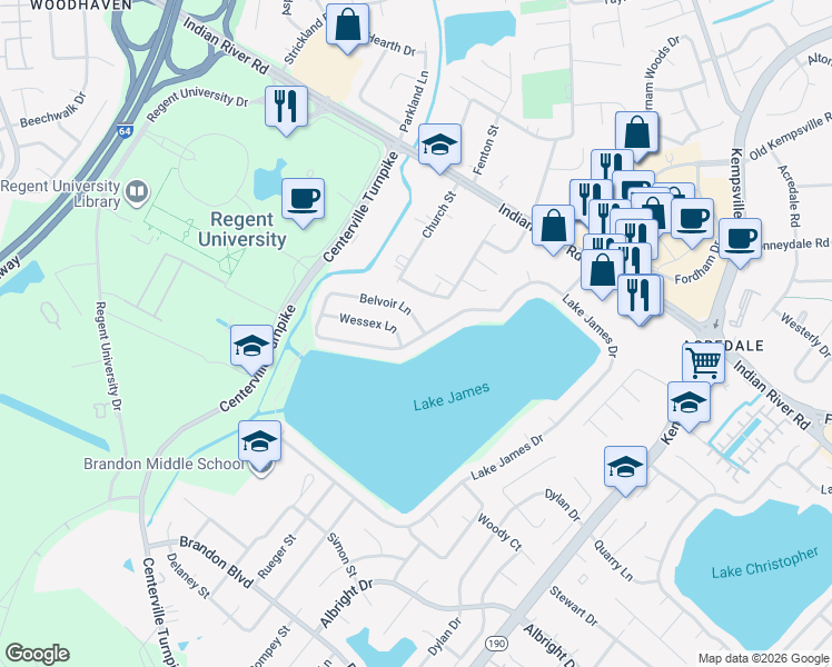 map of restaurants, bars, coffee shops, grocery stores, and more near 1012 Belvoir Lane in Virginia Beach