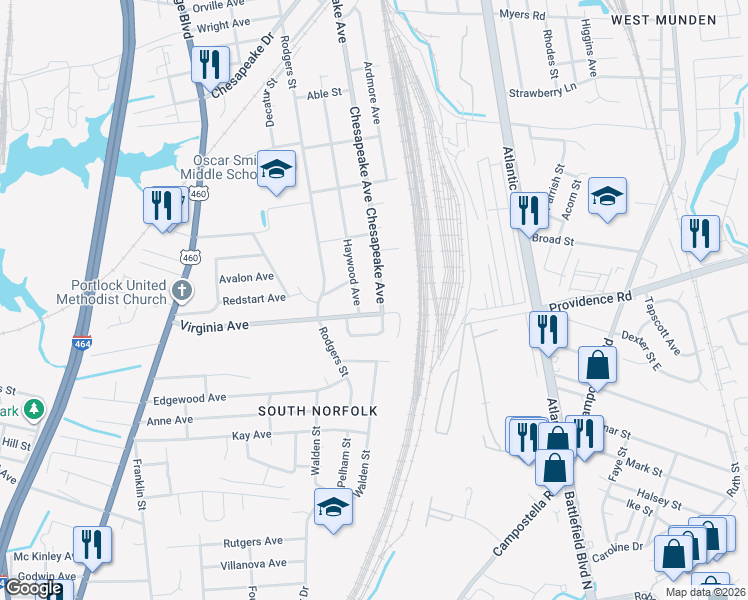 map of restaurants, bars, coffee shops, grocery stores, and more near 2600 Chesapeake Avenue in Chesapeake