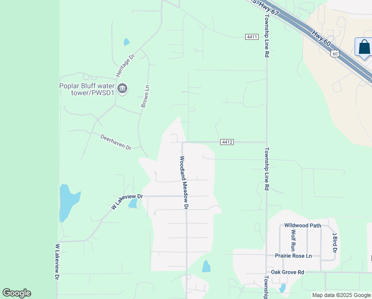 map of restaurants, bars, coffee shops, grocery stores, and more near 8311 Woodland Meadow Drive in Poplar Bluff
