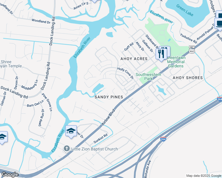 map of restaurants, bars, coffee shops, grocery stores, and more near 1708 Breezy Pines Court in Chesapeake