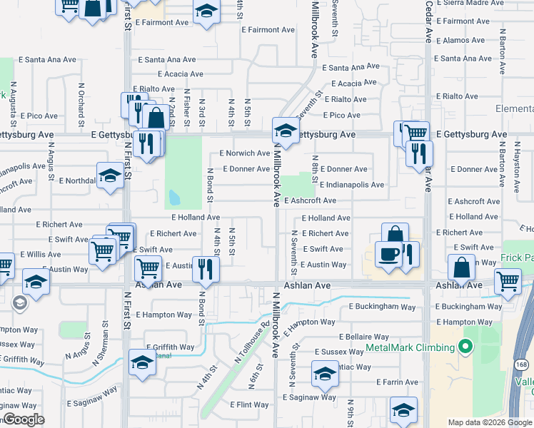 map of restaurants, bars, coffee shops, grocery stores, and more near 3618 East Ashcroft Avenue in Fresno