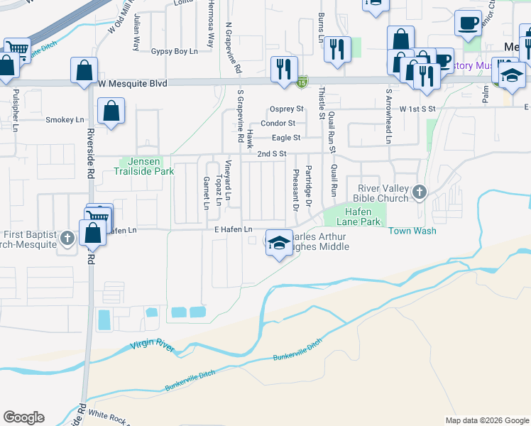 map of restaurants, bars, coffee shops, grocery stores, and more near 334 Muscat Drive in Mesquite