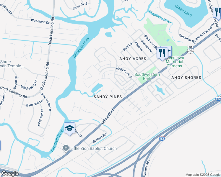map of restaurants, bars, coffee shops, grocery stores, and more near 1708 Breezy Pines Court in Chesapeake