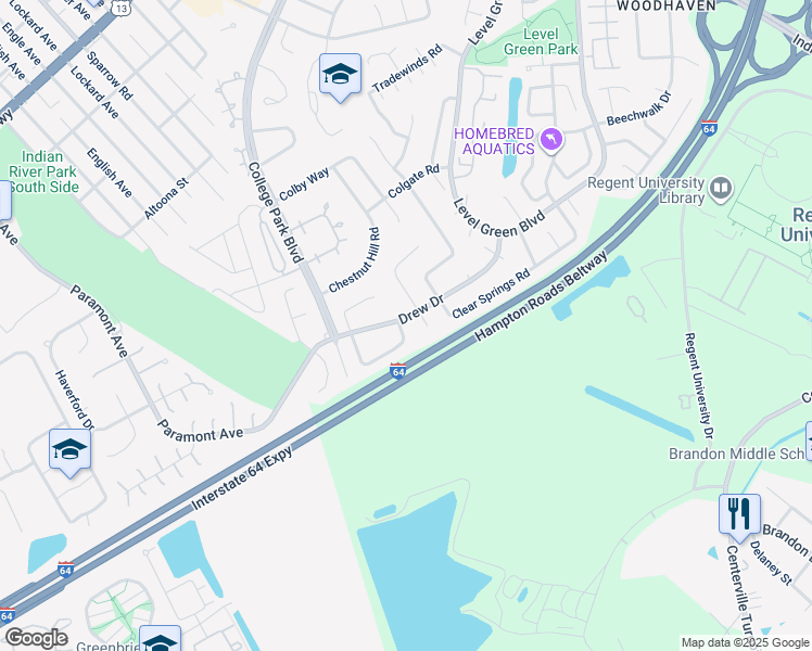 map of restaurants, bars, coffee shops, grocery stores, and more near 1361 Drexel Circle in Virginia Beach
