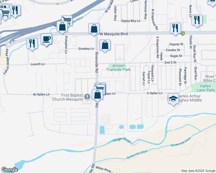 map of restaurants, bars, coffee shops, grocery stores, and more near 767 Moss Drive in Mesquite