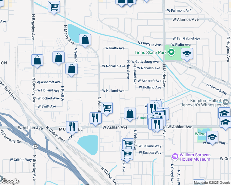 map of restaurants, bars, coffee shops, grocery stores, and more near 4229 North Tamera Avenue in Fresno