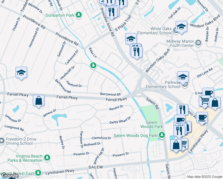 map of restaurants, bars, coffee shops, grocery stores, and more near 4713 Berrywood Court in Virginia Beach