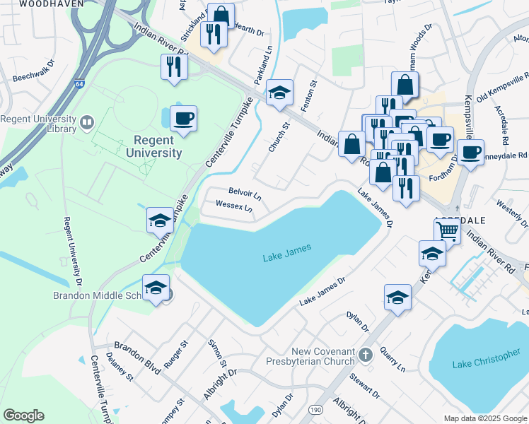 map of restaurants, bars, coffee shops, grocery stores, and more near 1012 Belvoir Lane in Virginia Beach