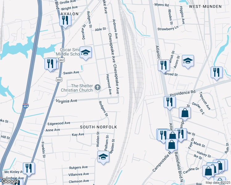 map of restaurants, bars, coffee shops, grocery stores, and more near 2600 Chesapeake Avenue in Chesapeake